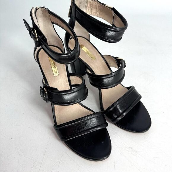 Louise Et Cie Leather Sandals Heels Black Sz 9.5 Peep Toe - Picture 2 of 8